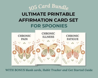 Spoonie Printable Affirmation Cards Bundle, Self Care Kit for Chronic Illness, Fatigue and Pain, Scandinavian Butterfly, Digital Download