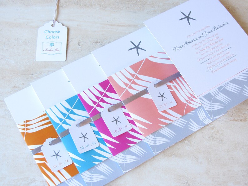 Choose Your Colors Coral Fuchsia Pink Blue Aqua Orange Cruise Wedding Belly Band Starfish Wedding Invitation -Beach Wedding Invite