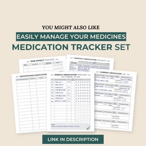 Op de afbeelding: Een set geprinte medicatietracker-vellen, inclusief een wekelijkse medicatietracker, een logboek voor huidige medicatie, een bijwerkingentracker, een logboek voor gestopte medicatie en een maandelijkse medicatietracker.