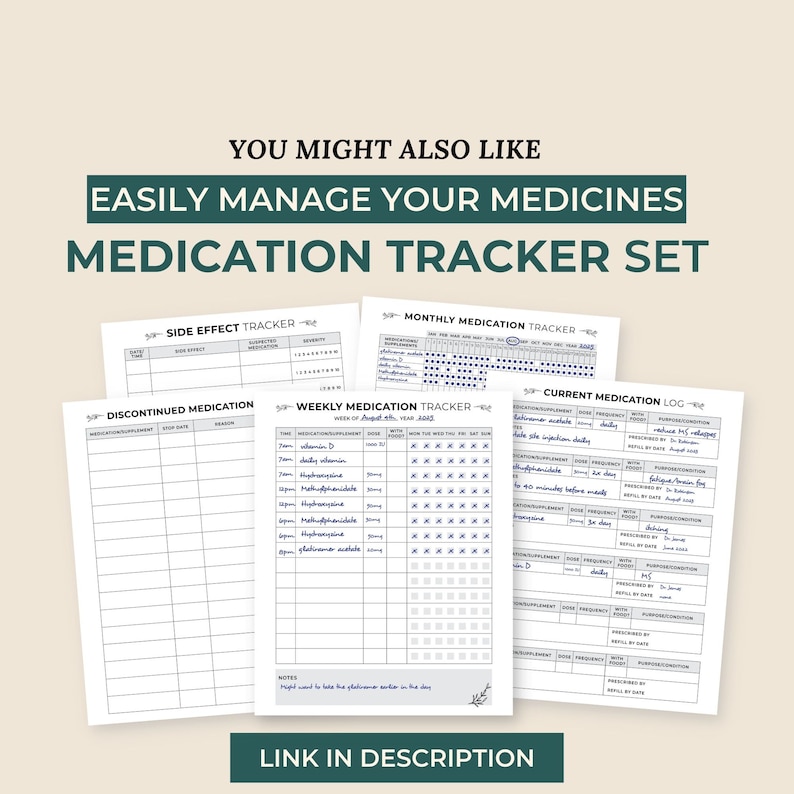 Op de afbeelding: Een set geprinte medicatietracker-vellen, inclusief een wekelijkse medicatietracker, een logboek voor huidige medicatie, een bijwerkingentracker, een logboek voor gestopte medicatie en een maandelijkse medicatietracker.