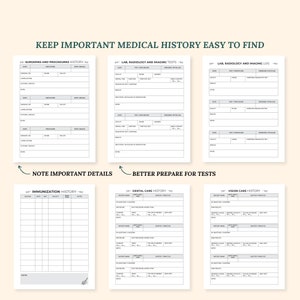 May include: A printable medical history log with sections for surgeries and procedures, lab and radiology tests, immunizations, dental care, vision care, and a log for lab and radiology tests. The printable log is designed to help people keep track of their medical history.
