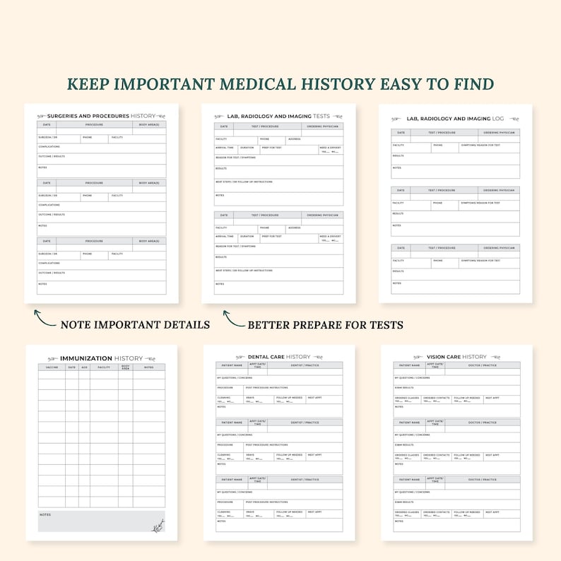 May include: A printable medical history log with sections for surgeries and procedures, lab and radiology tests, immunizations, dental care, vision care, and a log for lab and radiology tests. The printable log is designed to help people keep track of their medical history.