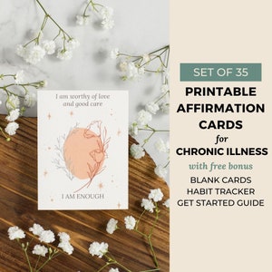 35 Spoonie Affirmation Cards Printable, Chronic Illness Mindfulness Cards, Neutral Boho Floral, Digital Download image 1