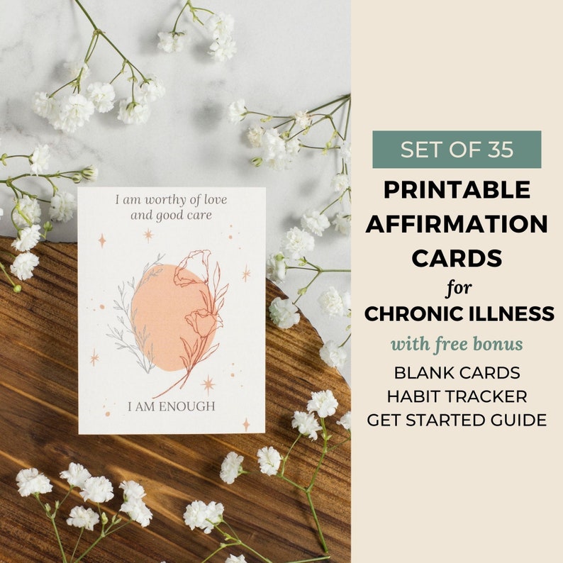 35 Spoonie Affirmation Cards Printable, Chronic Illness Mindfulness Cards, Neutral Boho Floral, Digital Download image 1