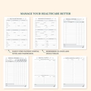May include: A printable healthcare planner with sections for healthcare provider information, insurance and pharmacy details, medical expense tracking, medical supply lists, and simple medical supply lists. The planner has a light gray background with black text and green accents.