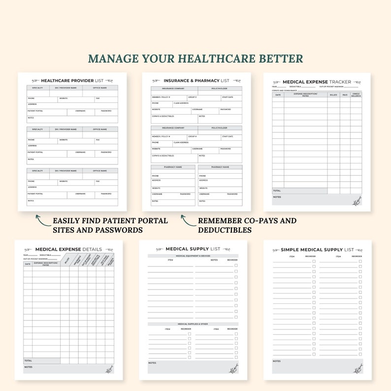 May include: A printable healthcare planner with sections for healthcare provider information, insurance and pharmacy details, medical expense tracking, medical supply lists, and simple medical supply lists. The planner has a light gray background with black text and green accents.