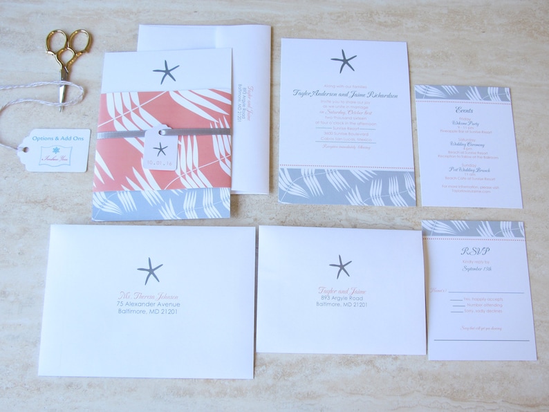 Choose Your Colors Coral Fuchsia Pink Blue Aqua Orange Cruise Wedding Belly Band Starfish Wedding Invitation -Beach Wedding Invite