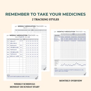 May include: A printable medication tracker with two different layouts: a weekly tracker and a monthly tracker. The weekly tracker has a section for medication, supplement, dose, time, and days of the week. The monthly tracker has a section for medication and supplements, and a grid for each day of the month. Both trackers have a section for notes.