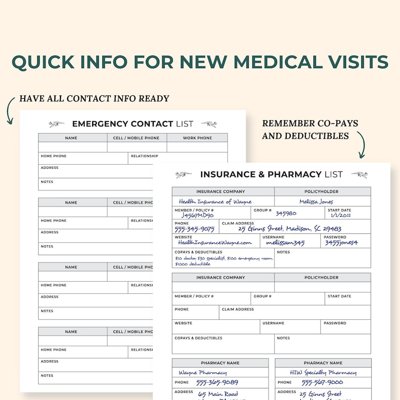 Medical Binder Contact Inserts Emergency Contact List Doctor Etsy