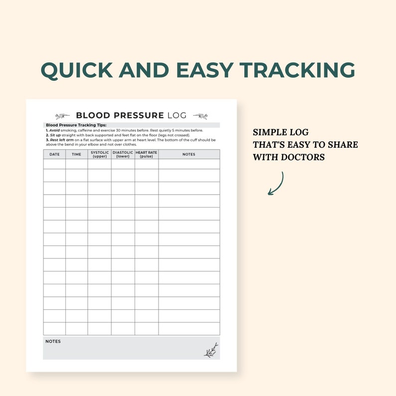 Blood Pressure Log, Blood Pressure Chart, BP Tracker, Digital Hypertension Tracking, Printable Heart Rate, Medical Binder Caregiver Log image 4