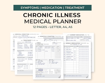 May include: A digital chronic illness medical planner with 12 pages in Letter, A4, and A5 sizes. The planner includes sections for symptoms, medication, and treatment, featuring trackers for daily symptoms, weekly medication, and medical condition overviews.