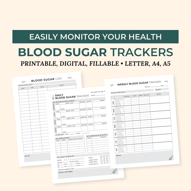 May include: Printable blood sugar trackers in black and white. The trackers include a daily blood sugar tracker, a weekly blood sugar tracker, and a blood sugar log. The trackers are designed to help people monitor their blood sugar levels.