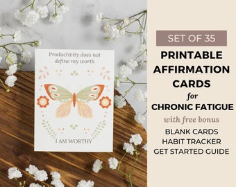 35 Chronic Fatigue Affirmation Cards Printable, Spoonie Mindfulness, Cards for Chronic Illness, Scandinavian Butterfly, Instant Download