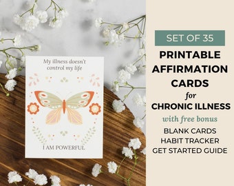 35 Spoonie Affirmation Cards Printable, Chronic Illness Mindfulness Cards, Scandinavian Butterfly, Digital Download