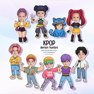 Peut inclure: Collection de neuf éléments PNG avec des illustrations de dessins animés d'enfants avec différentes coiffures et tenues. Le texte "KPOP demon hunters" et "ADD YOUR OWN FACE" est également visible. Les illustrations sont de style cartoon.