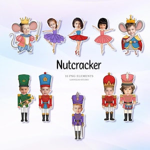 May include: A collection of digital PNG elements featuring children dressed as characters from the Nutcracker ballet and story. The image includes ballerinas in tutus and soldiers in uniform, along with mouse king characters. Text on the image reads "Nutcracker" and "10 PNG ELEMENTS".