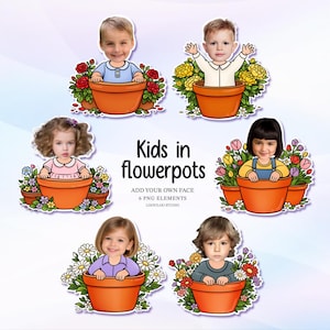 Op de afbeelding: Digitale illustratie van zes kindergezichten in terracotta bloempotten, omringd door kleurrijke bloemen. De tekst "Kids in flowerpots" en "Add your own face" is ook opgenomen.