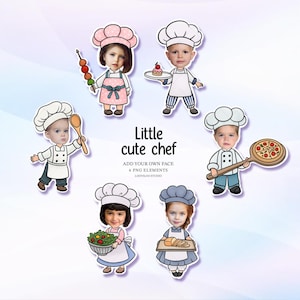 Puede incluir: Colección de seis elementos PNG con niños vestidos de chef, cada uno sosteniendo diferentes alimentos: brocheta, pastel, cuchara de madera, pizza, ensalada y pan. El texto "Little cute chef" se muestra en el centro, con instrucciones.