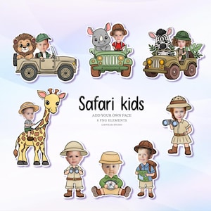 Könnte beinhalten: Eine Sammlung von Safari-PNG-Elementen mit Kindergesichtern, die auf Cartoon-Tieren und -Fahrzeugen abgebildet sind. Der Text "Safari kids" wird zusammen mit dem Satz "Add your own face" angezeigt.