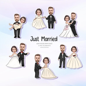 May include: Six cartoon PNG elements depicting a bride and groom in wedding attire. The bride is in a white or cream dress, and the groom wears a black tuxedo. The words "Just Married" are written in the center of the image.