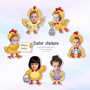 Peut inclure: Six personnages de poulets de dessin animé avec des visages d'enfants, conçus pour Pâques. Les poulets sont jaunes avec des accents rouges, tenant des œufs de Pâques, des paniers et un panneau avec l'inscription "Joyeuses Pâques". Le texte "Easter chickens" est également présent.