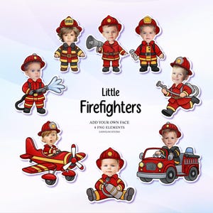 May include: Eight cartoon illustrations of children dressed as firefighters in red uniforms and helmets. The central text reads "Little Firefighters". Additional text below indicates the product is 8 PNG elements.