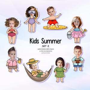 Op de afbeelding: Digitale illustratie met acht cartoonkinderen in zomerkleding. De afbeelding bevat kinderen met zomeraccessoires zoals een watermeloen, snorkel, surfplank en ijs. Tekst luidt "Kids Summer Set 2. Add your own face. 8 PNG elements."
