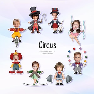 Op de afbeelding: Acht PNG-elementen met kinderen in circus kostuums. De illustraties omvatten een eenwielrenner, een circusdirecteur, een goochelaar, een acrobaat, een clown, een koorddanser, een gewichtheffer en een jongleur. Het woord "Circus" is in zwart geschreven.