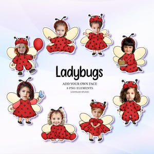Puede incluir: Una colección de ocho ilustraciones digitales con temática de mariquitas que presentan disfraces rojos con lunares negros, alas y antenas, diseñadas para personalizar rostros. El texto dice Ladybugs, ADD YOUR OWN FACE, 8 PNG ELEMENTS, LOOVILOO STUDIO.