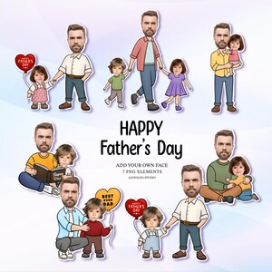 May include: Digital art featuring a collection of cartoon illustrations for Father's Day. The images include a father figure with children, holding balloons with text, and the words "Happy Father's Day".