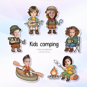 May include: A digital illustration featuring seven cartoon children engaged in camping activities. The image includes children with camping gear, a campfire, and text that reads "Kids camping" and "7 PNG elements".