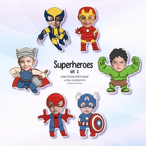 May include: A collection of six superhero-themed PNG elements. The set includes illustrations of Wolverine, Iron Man, Thor, Hulk, Spider-Man, and Captain America. The text "Superheroes set 1" and "Add your own face" is also included.