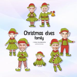 Puede incluir: Una ilustración digital de una familia de elfos navideños. Los elfos visten trajes verdes y rojos con gorros puntiagudos. La imagen incluye el texto "Christmas elves family" y "7 PNG ELEMENTS".