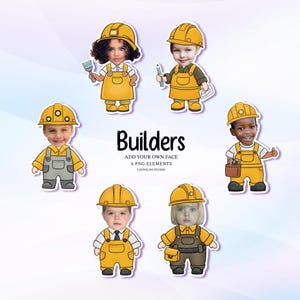 Può includere: Una collezione di sei personaggi di costruttori in stile cartone animato con volti di bambini, che indossano caschi e tute gialle. Alcuni personaggi tengono in mano strumenti come un pennello, una matita e una cassetta degli attrezzi. La parola "Builders" è visualizzata con il testo "ADD YOUR OWN FACE 6 PNG ELEMENTS LOOVLOO STUDIO".