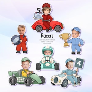 Könnte beinhalten: Eine Sammlung von sechs PNG-Elementen mit Kindergesichtern, die auf Cartoon-Rennfahrern abgebildet sind. Die Rennfahrer befinden sich in verschiedenen Fahrzeugen, darunter ein rotes Auto, ein grünes Rennauto und ein weißes Rennauto. Der Text "Racers" und "Add your own face" ist ebenfalls enthalten.