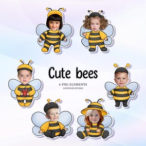 Puede incluir: Seis elementos PNG con niños disfrazados de abejas. Cada niño lleva un disfraz de abeja a rayas amarillas y negras con alas. El texto "Cute bees", "6 PNG ELEMENTS" y "LOOVILOO STUDIO" se muestra en negro.