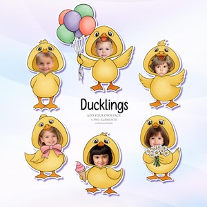 May include: Six PNG elements featuring children's faces in yellow duckling costumes. The image includes the text "Ducklings" and "Add Your Own Face". Each duckling has a different accessory, such as balloons, flowers, and ice cream.
