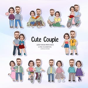May include: A collection of six PNG elements featuring cartoon couples in various poses. The text "Cute Couple" is displayed in a black script font, with additional text indicating the ability to add a face. The illustrations depict couples with different outfits and activities.