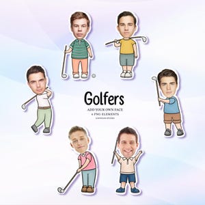 May include: A digital illustration featuring six cartoon golfers with different outfits and poses, holding golf clubs. The text "Golfers" is displayed, along with "Add Your Own Face" and "6 PNG Elements" in a playful design. The background has a soft, blurred effect.