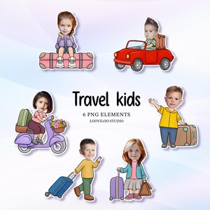 May include: Digital illustration of six PNG elements of children with luggage and vehicles. The text "Travel kids" is displayed in black, along with "6 PNG ELEMENTS" and "LOOVILOO STUDIO". The children are depicted with suitcases, a red car, and a purple scooter.