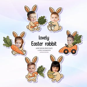 May include: A collection of six PNG elements featuring children's faces integrated into cartoon rabbit designs. Each rabbit holds a carrot or an Easter egg, or drives a carrot-shaped car. The text "lovely Easter rabbit" is displayed.