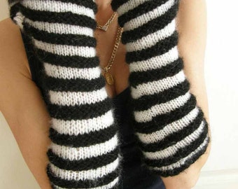 Long Fingerless Gloves - Black - White Chic Ribbon