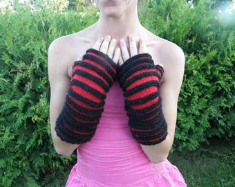 Long Fingerless Gloves Red-Black Chic Ribbon