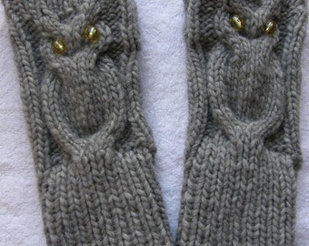 Owl  Mittens - Handknit  silver gray  Fingerless Gloves -Alpaca yarn