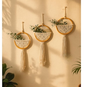 Puede incluir: Tres colgantes de pared de macramé con marcos circulares de madera y cestas tejidas, cada uno con vegetación. Los marcos están pintados de amarillo y cada pieza tiene una larga borla color crema. Los colgantes están montados en una pared clara.