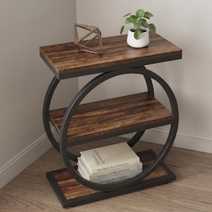 Narrow Industrial End Table, 3-Tier Wood Metal Sofa Accent Table