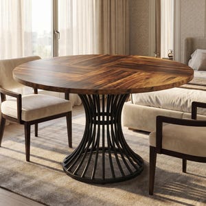 Round Dining Table 47 Inch | Farmhouse Industrial Kitchen Table | Wood Top Metal Pedestal Base