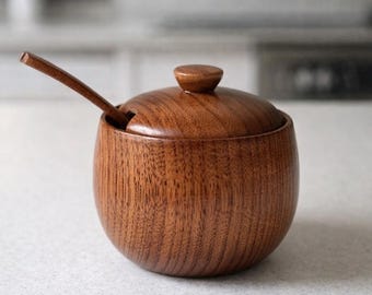 Wooden Salt Cellar with Lid & Spoon | Vintage Inspired Spice Jar | Natural Wood Seasoning Container