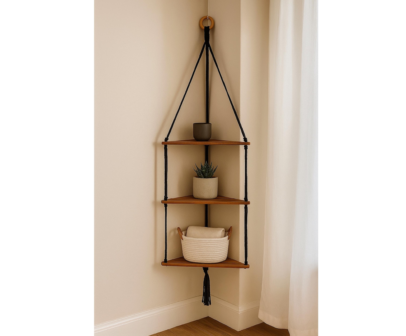 Handmade Wooden Corner Shelf: Boho Hanging Rope Decor - Three Shelf, Brown