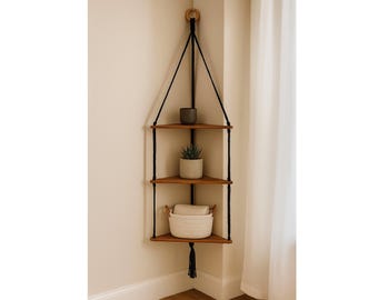Handmade Wooden Corner Shelf: Boho Hanging Rope Decor
